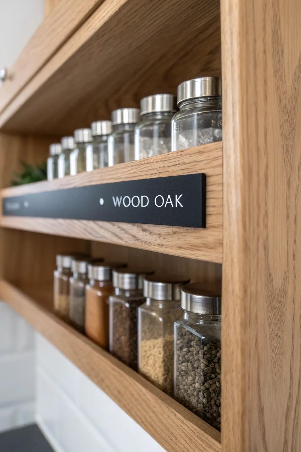 Elevate your kitchen with a minimalist spice rack featuring customizable chalkboard labels for a touch of boho charm.