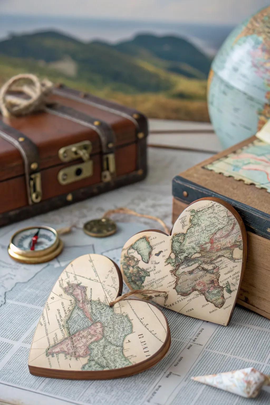 Map-covered hearts are perfect for travel lovers.