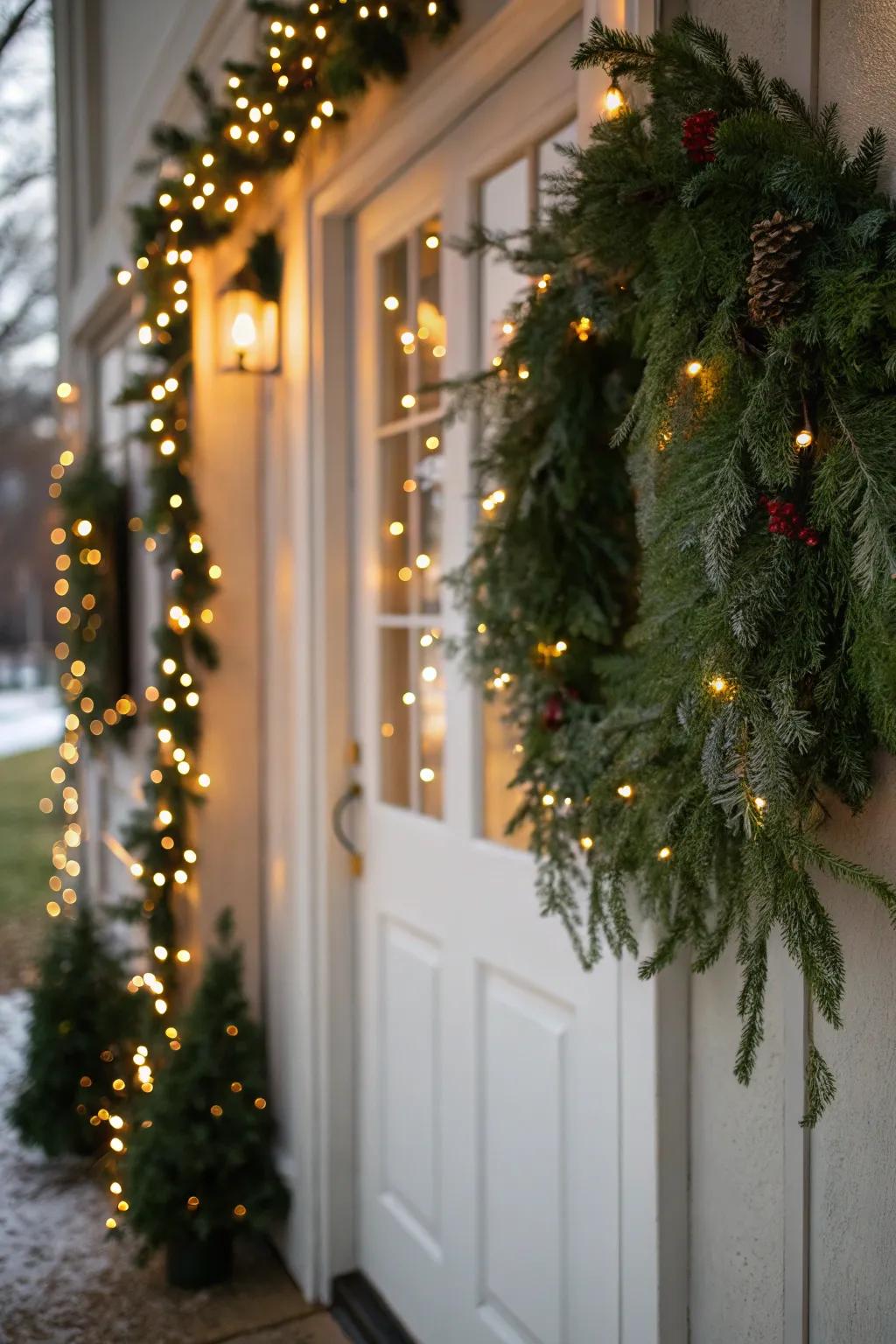 A serene forest pathway decorated with festive elements.