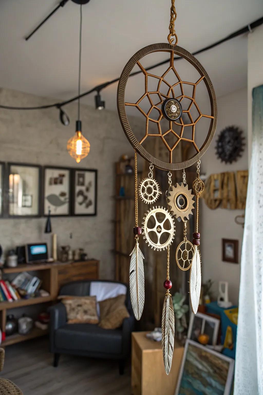 Make a bold statement with a steampunk-inspired dream catcher.