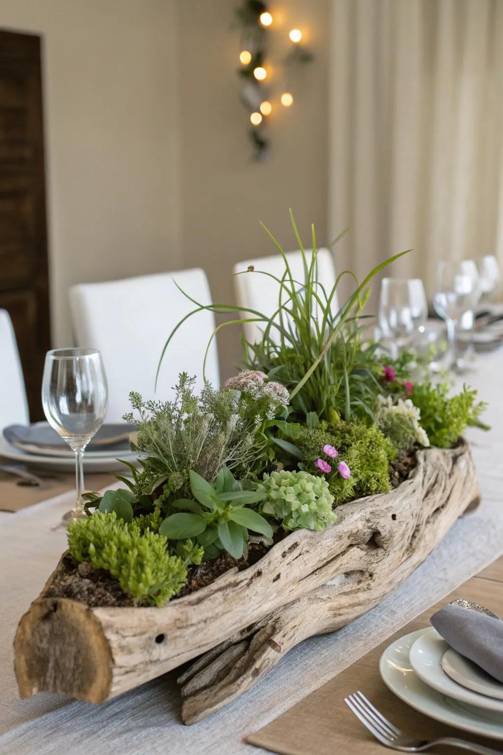 Rustic driftwood table centerpiece, ideal for family gatherings.