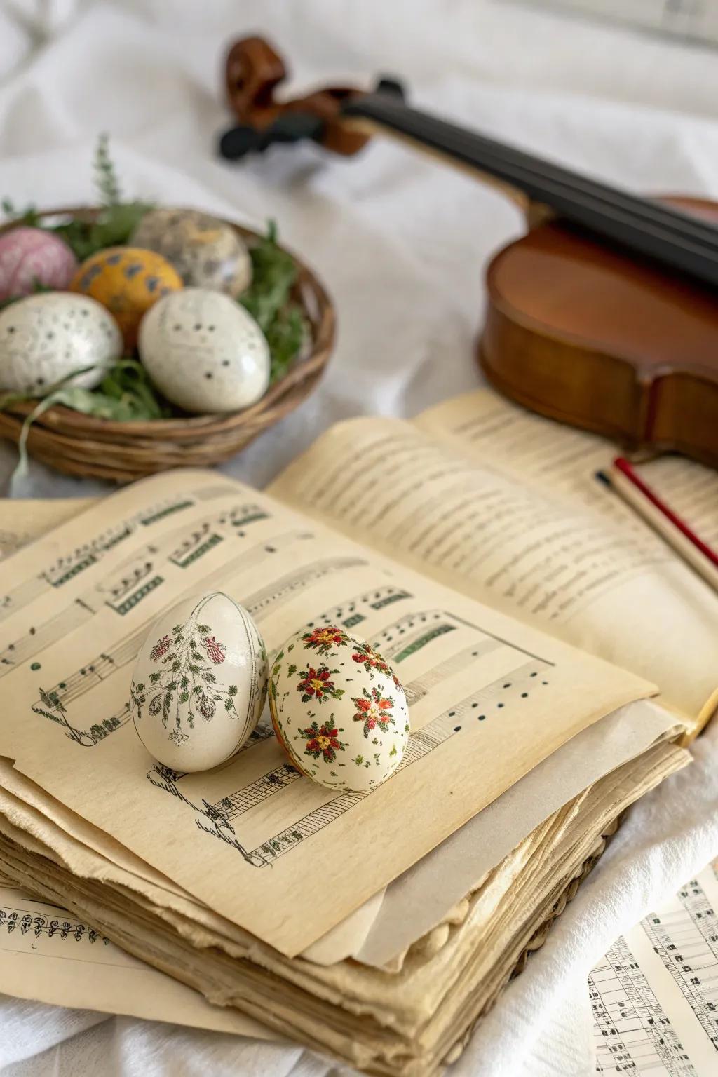 Music sheet eggs add a nostalgic charm to your Easter celebrations.