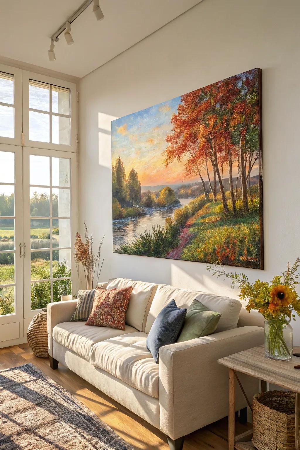 An impressionist landscape with vivid colors brightens a sunlit living room.