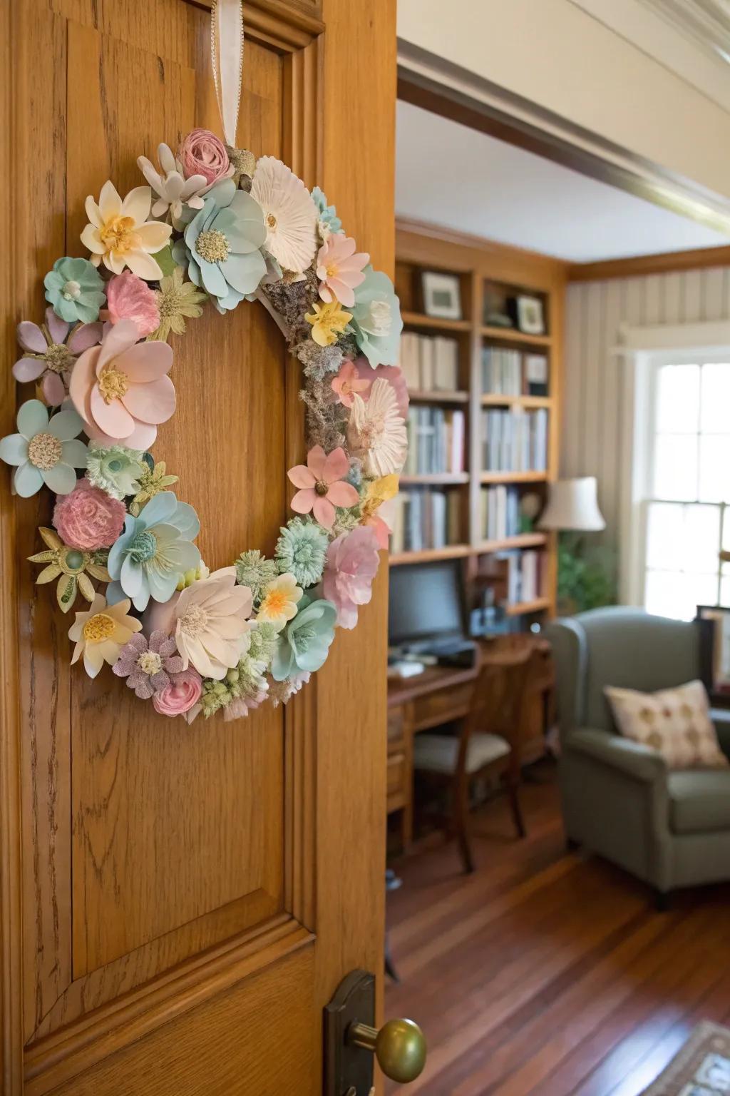 Personalize your space with a vintage paper flower wreath.