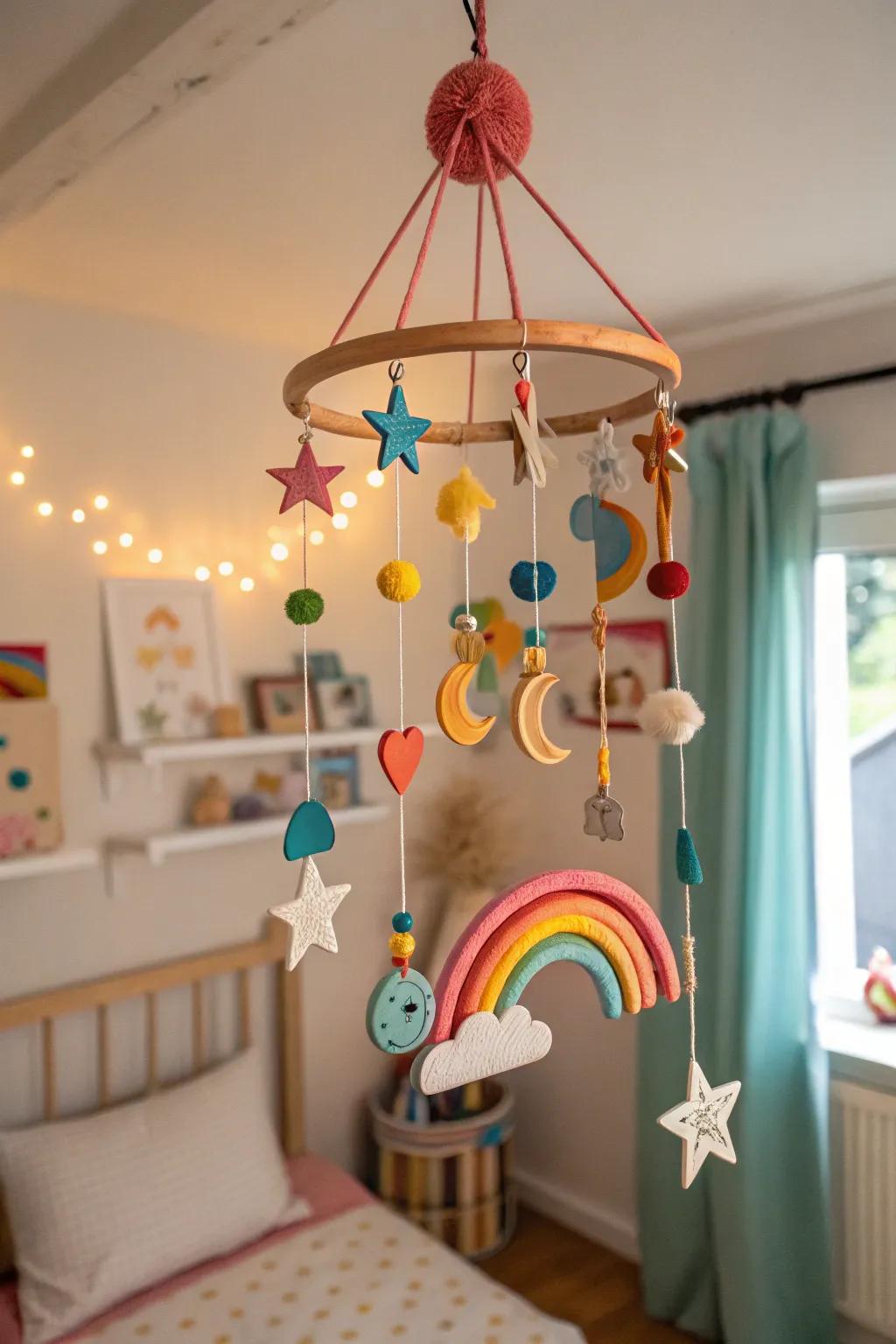 A delightful clay mobile that adds whimsy to a child's space.