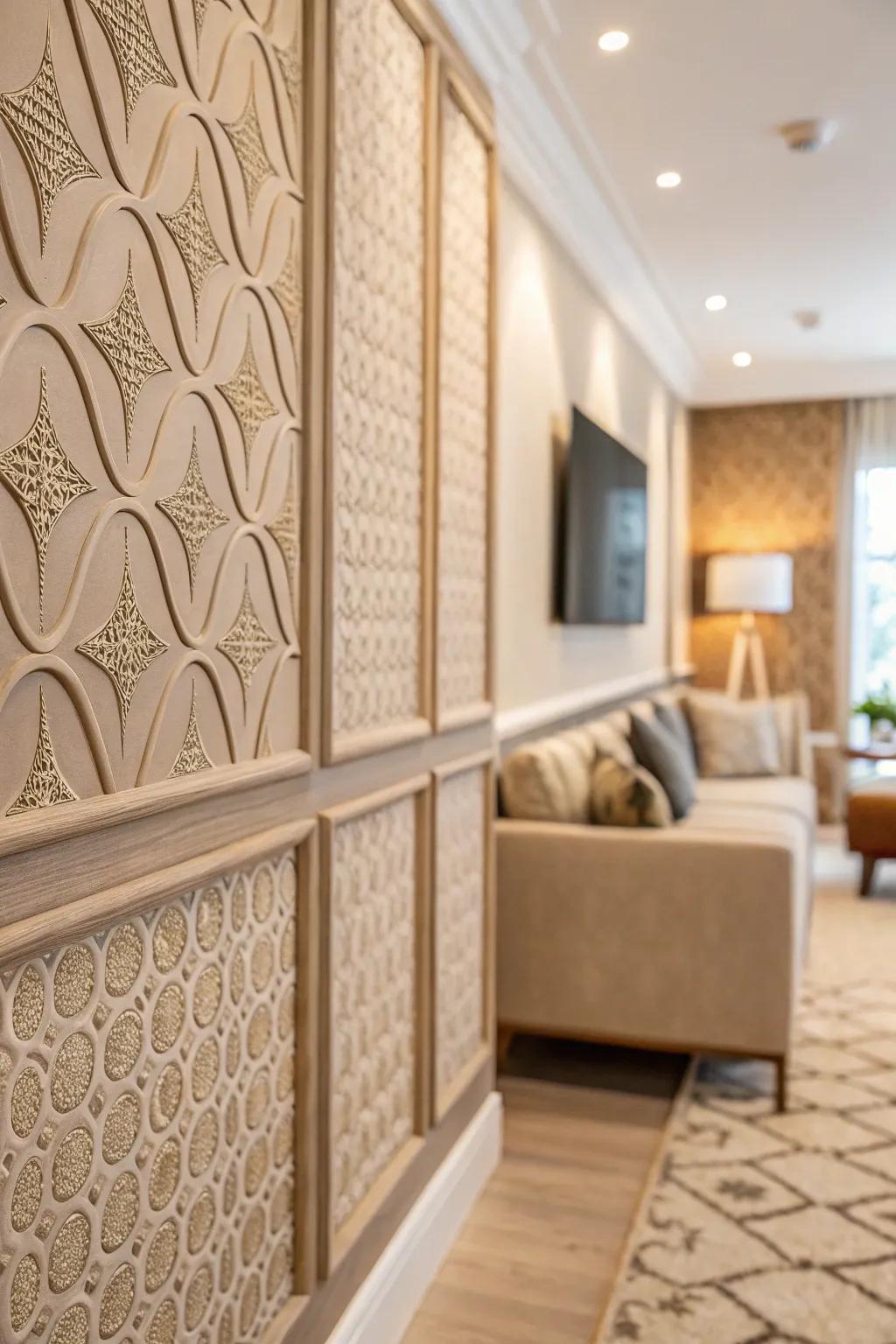 Textured wall panels provide an elegant backdrop.