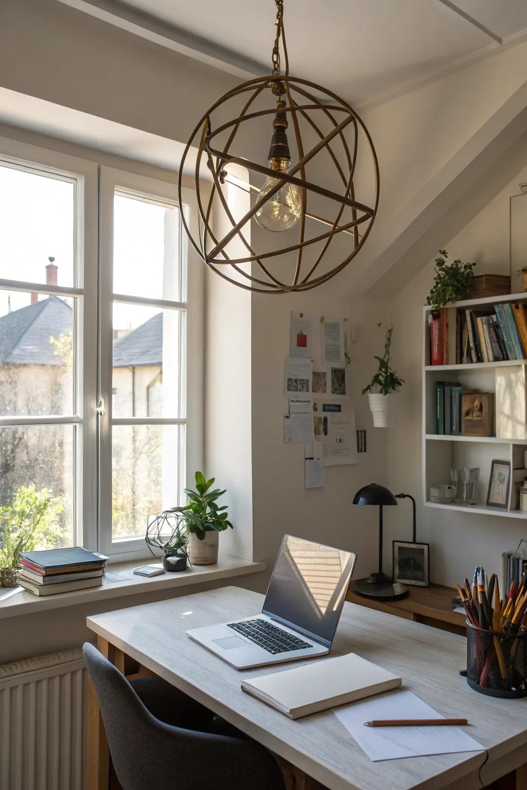 Unexpected art pieces add surprise and creativity to this eclectic workspace.