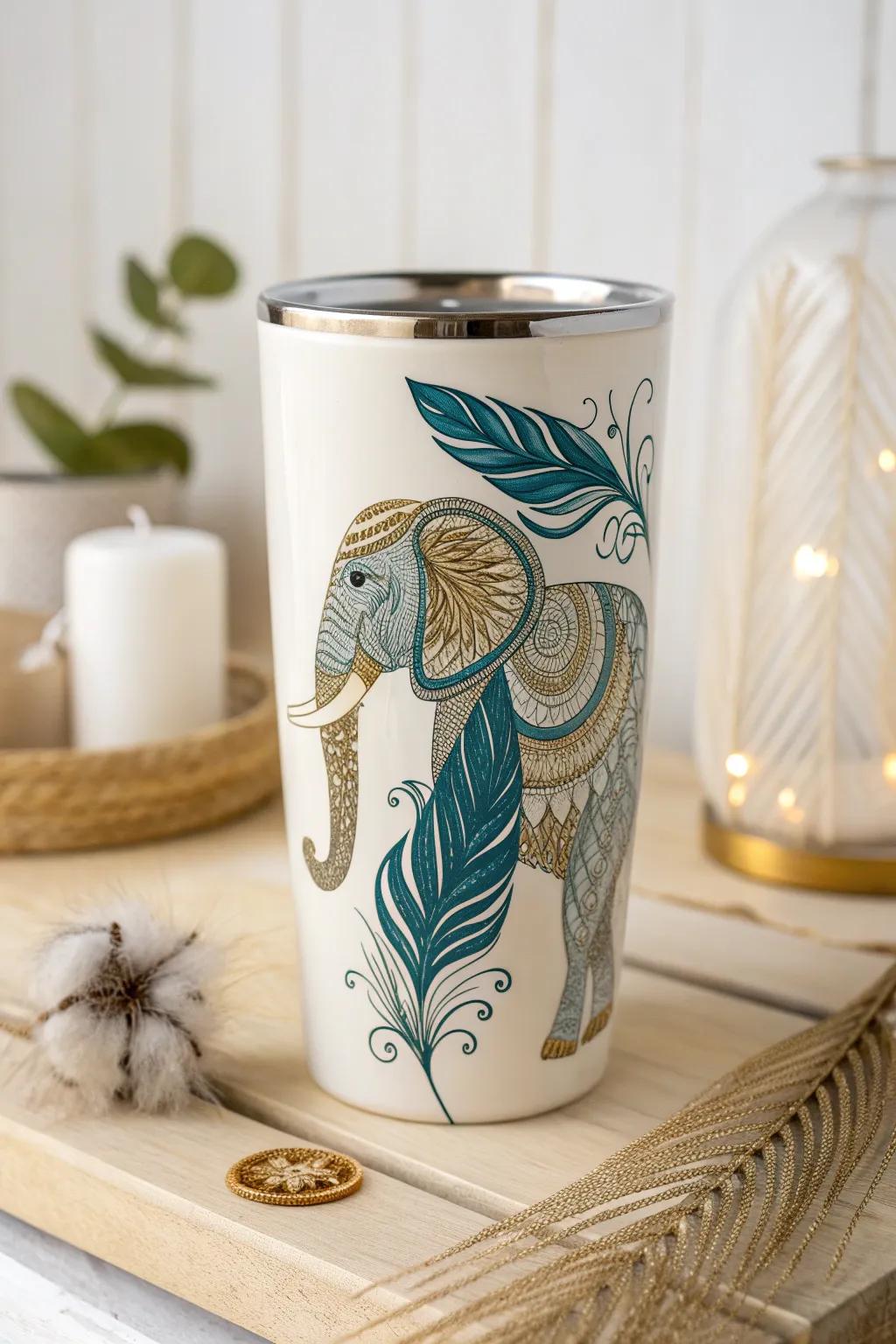 Embrace elegance with this Elephant and Feather tumbler, where whimsy meets simplicity.