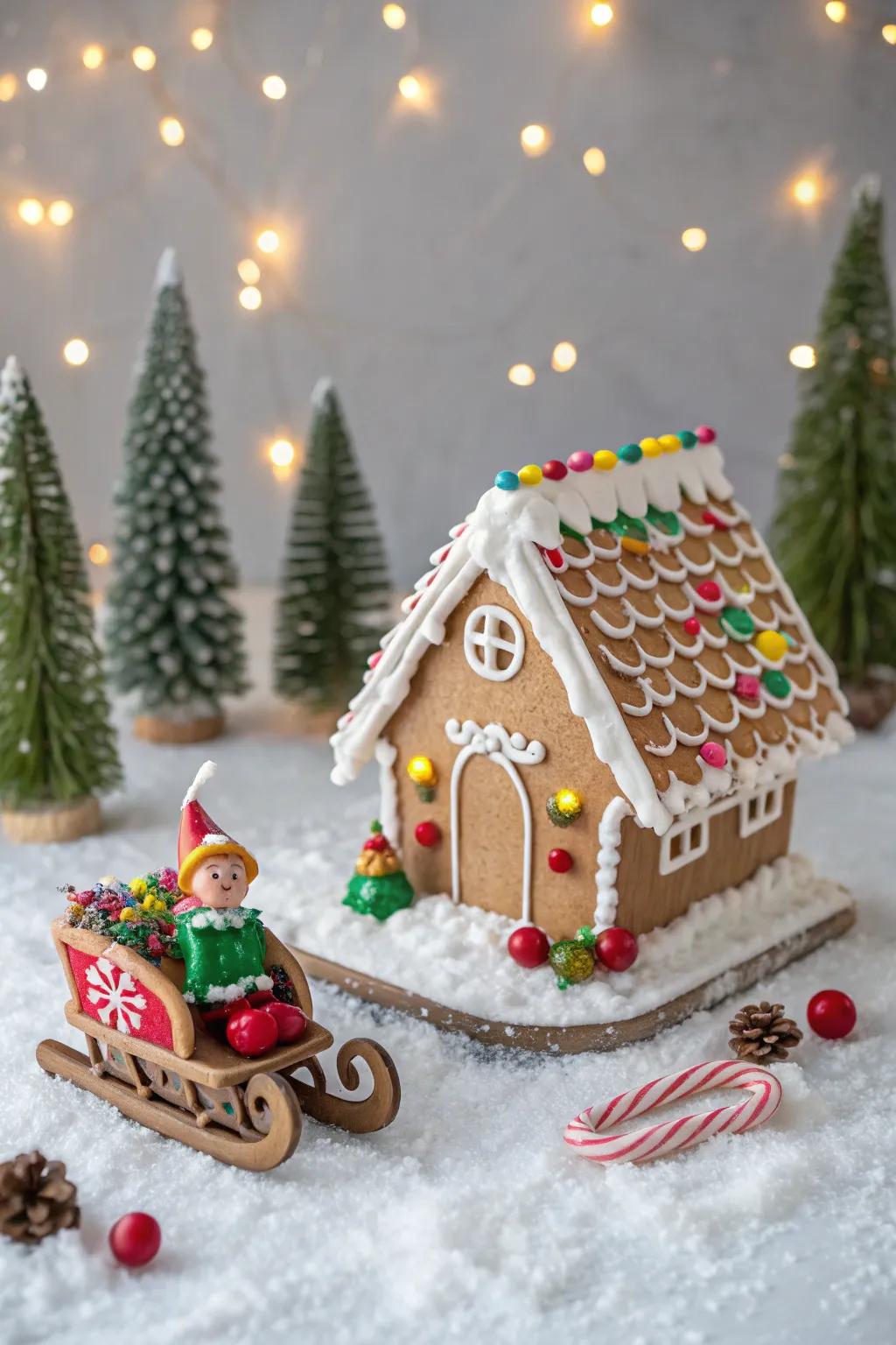 A gingerbread house with an enchanting elf sleigh.