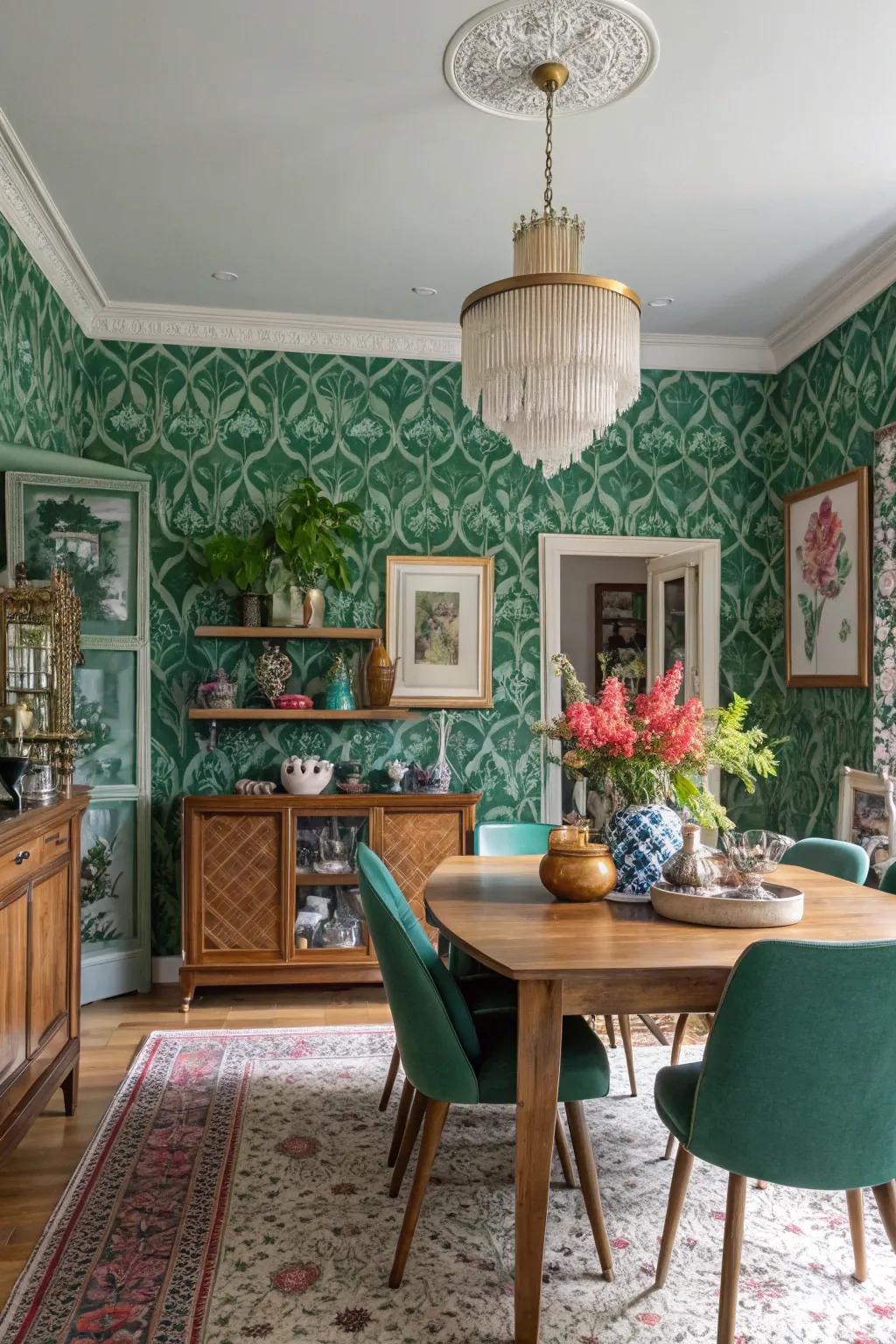 Emerald green patterns add a playful and eclectic vibe.