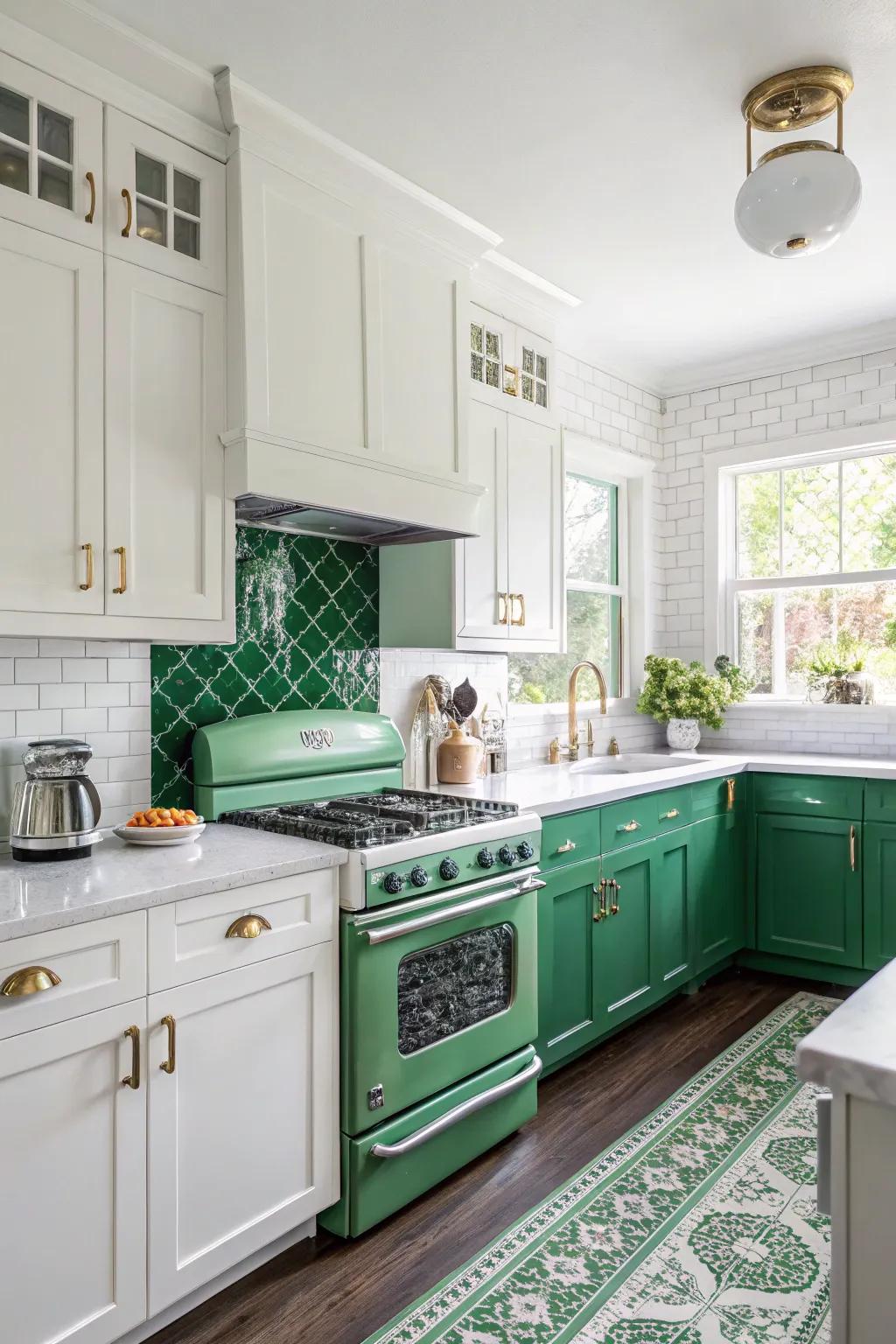 A timeless kitchen featuring a classic combination of emerald green and white.