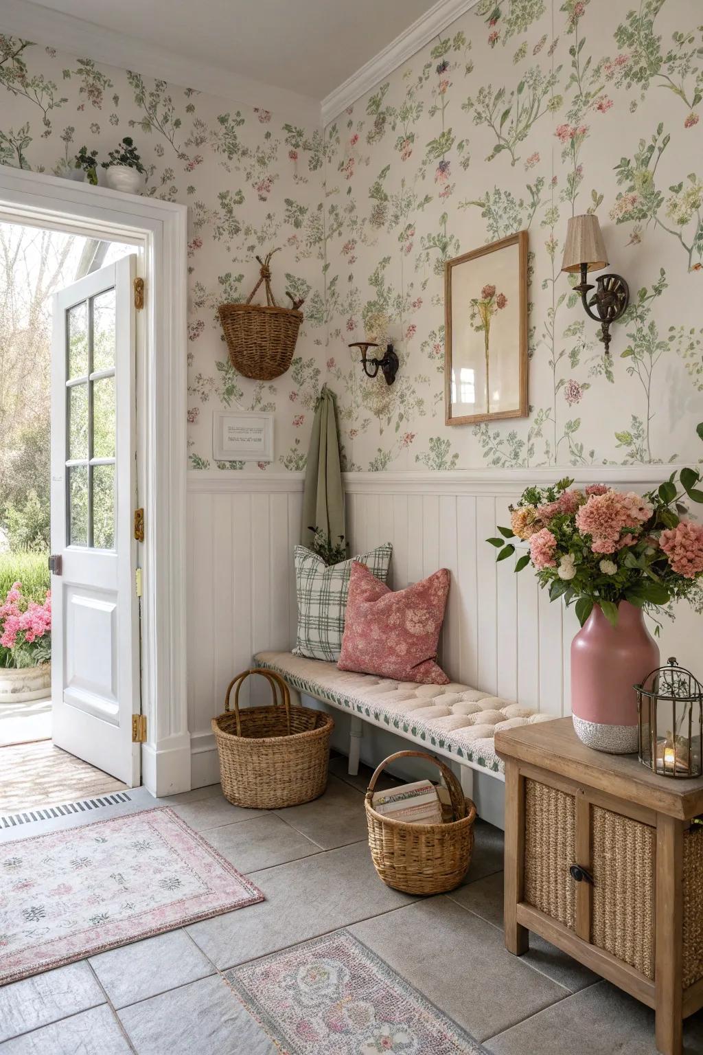 Floral wainscoting adds romantic charm to your entryway.