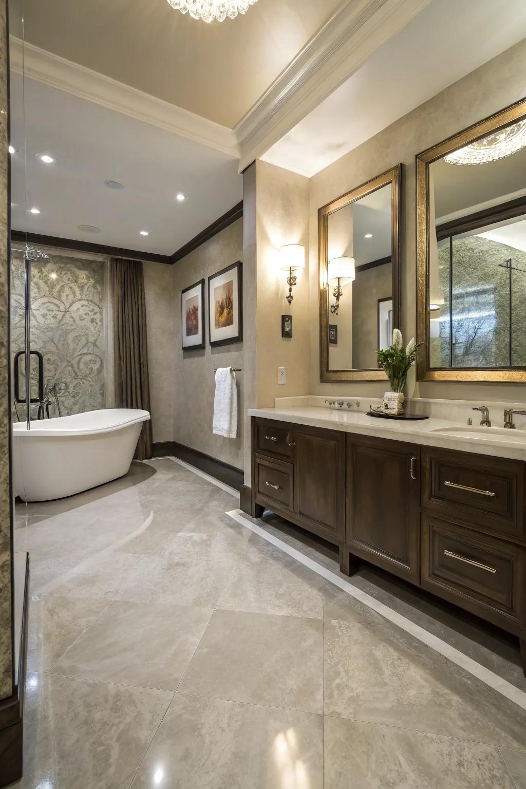 Understated muted tone epoxy floor adding sophistication to the bathroom.