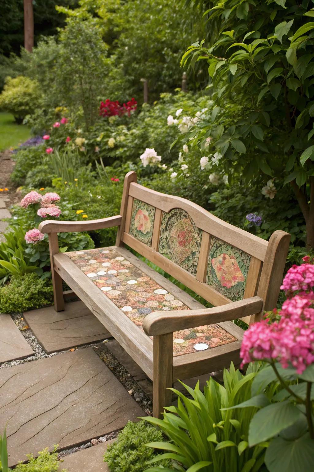 Epoxy inlay garden bench, a perfect blend with nature.