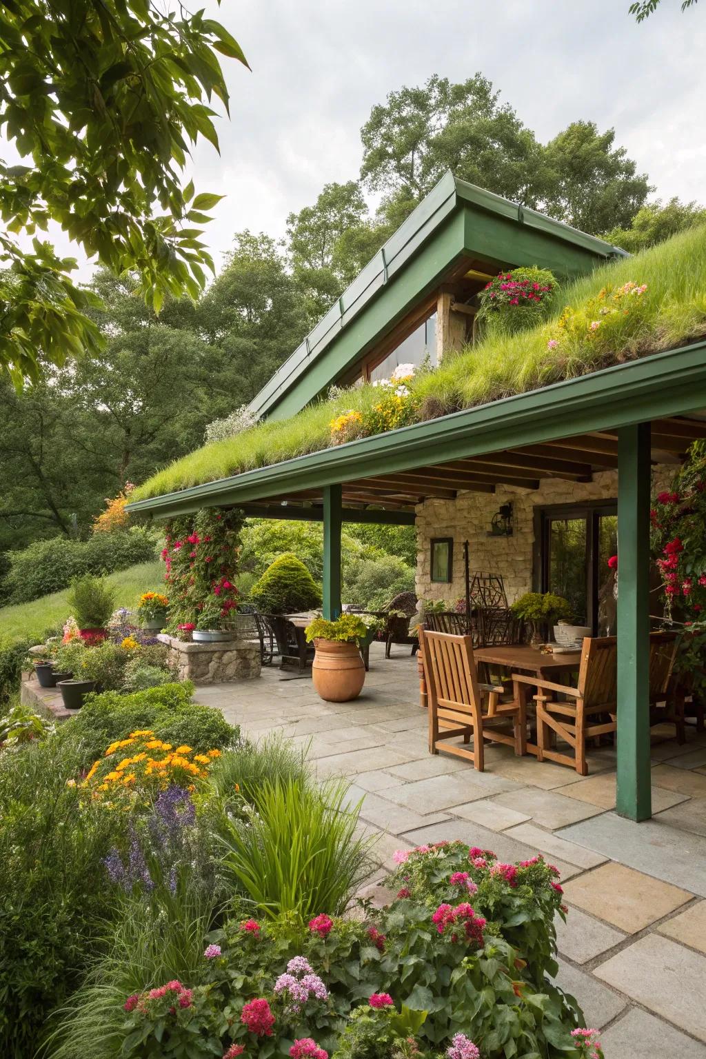 Green roofs merge architecture with nature for a serene escape.