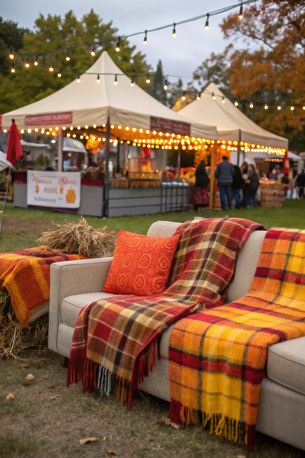 Plaid blankets enhance the cozy vibe of outdoor seating.