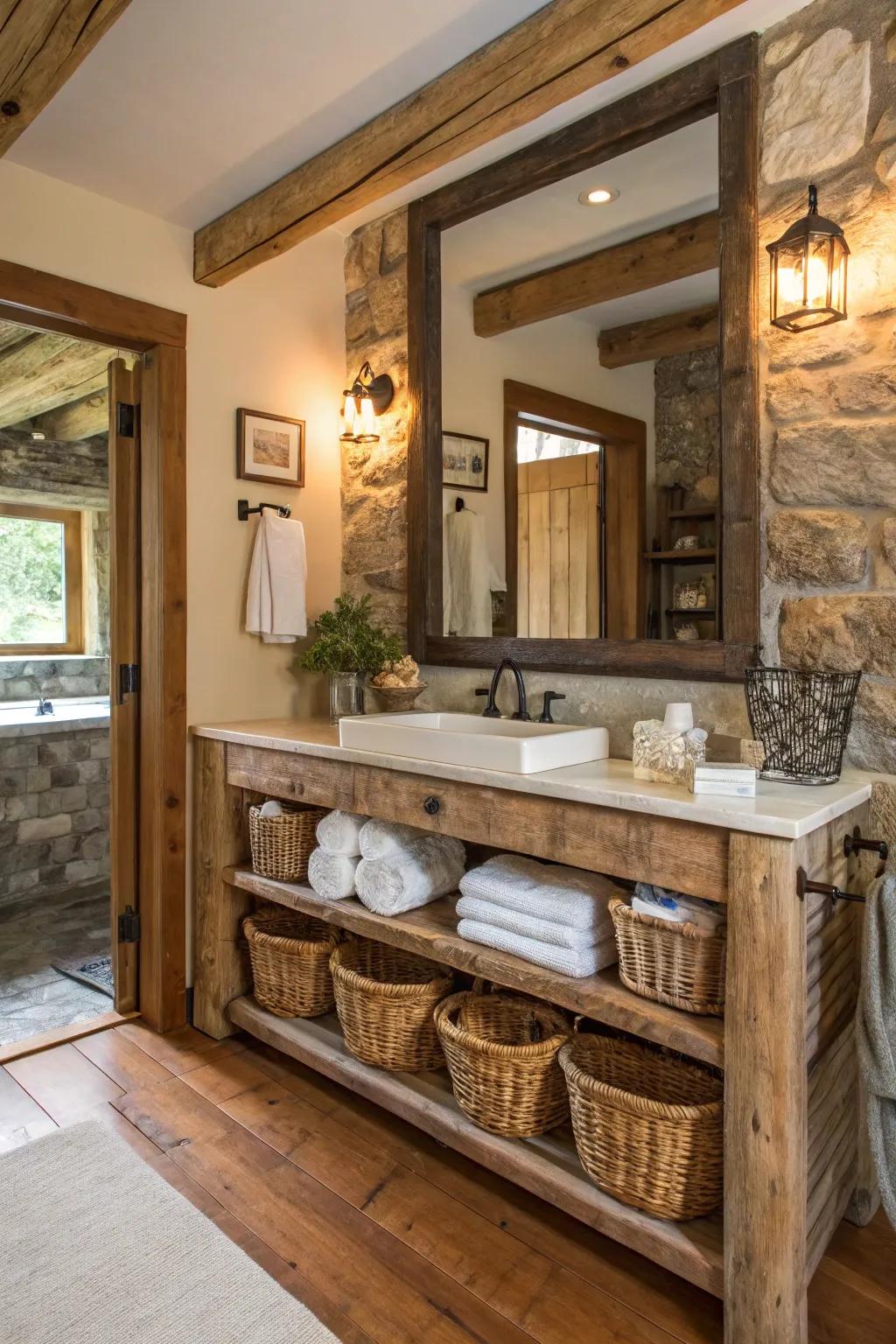 A farmhouse bathroom featuring an open framework vanity that feels light and airy.