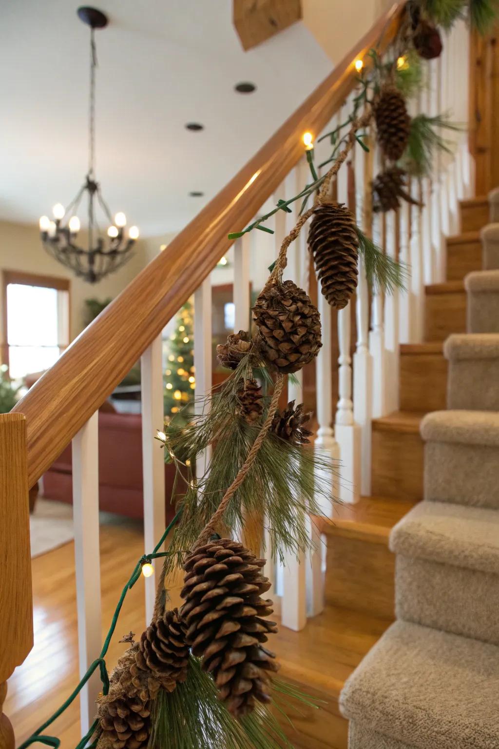 Simple and natural pinecone garland for rustic decor.