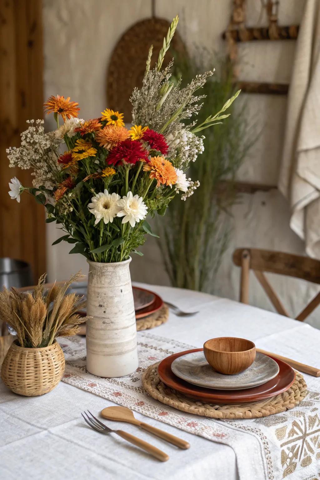 Seasonal flowers add color and nature to farmhouse spaces.