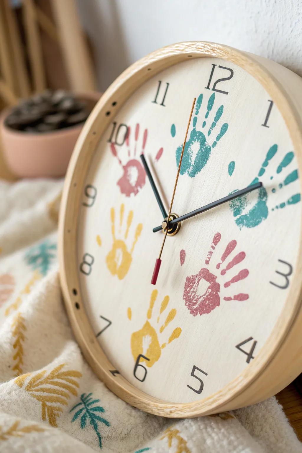 Capture time with love: A handprint clock that beautifully marks every cherished moment.