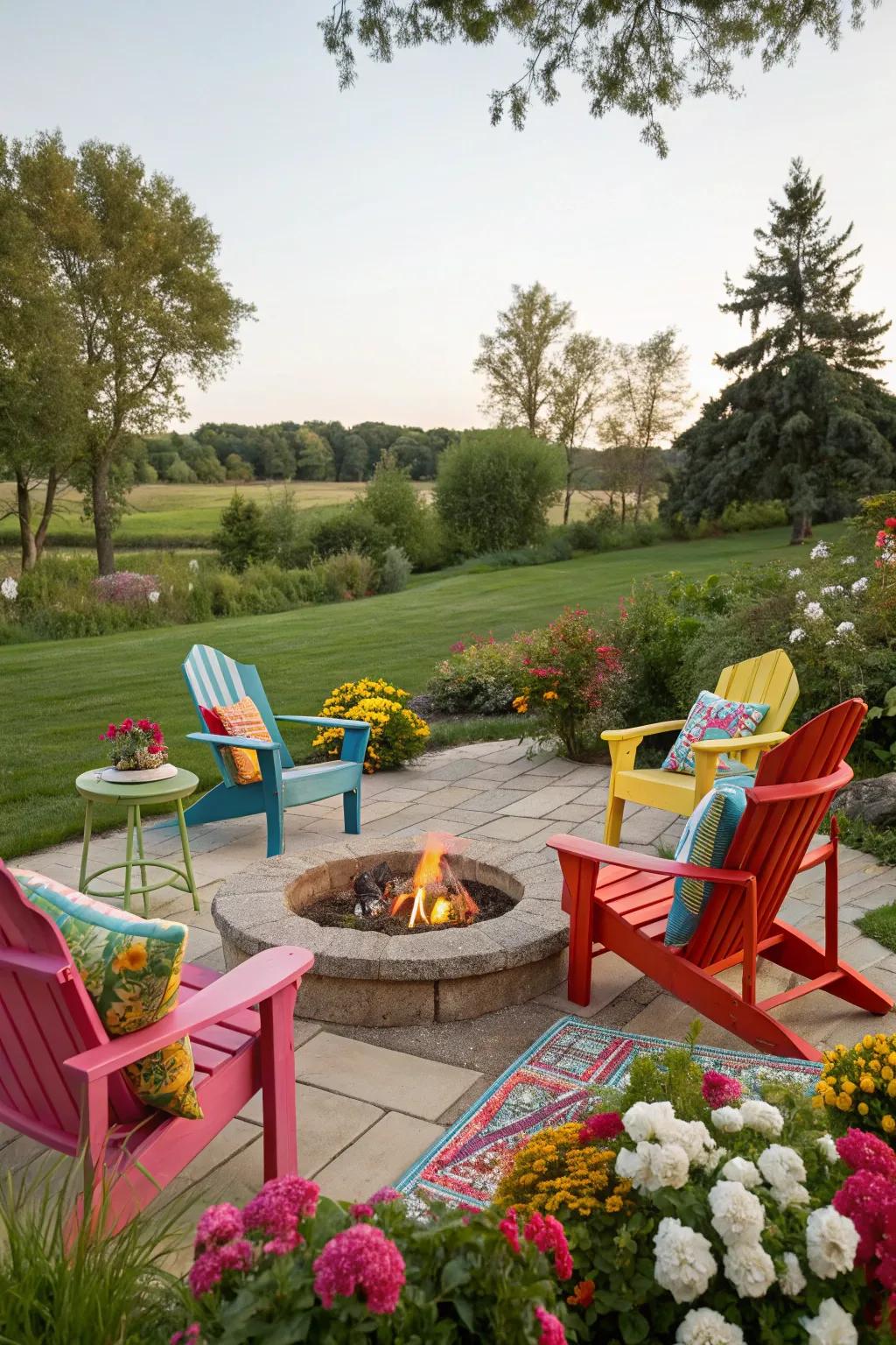 Colorful seating adds energy and excitement to your fire pit area.