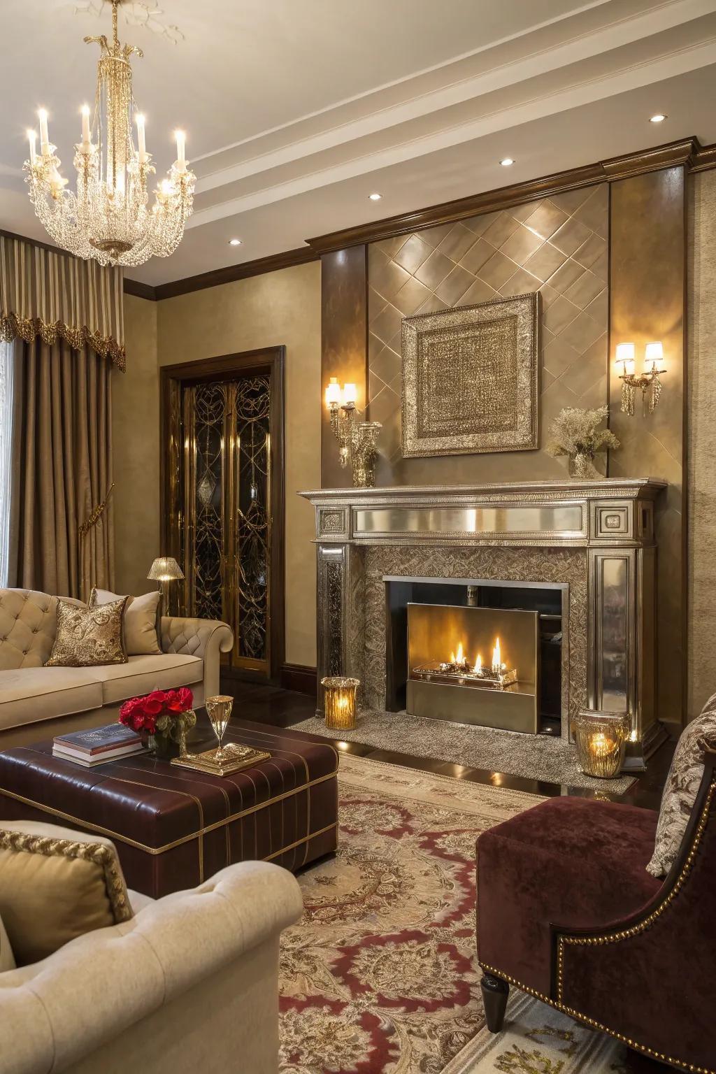 Metallic accents adding a touch of glamour and sophistication to the fireplace.