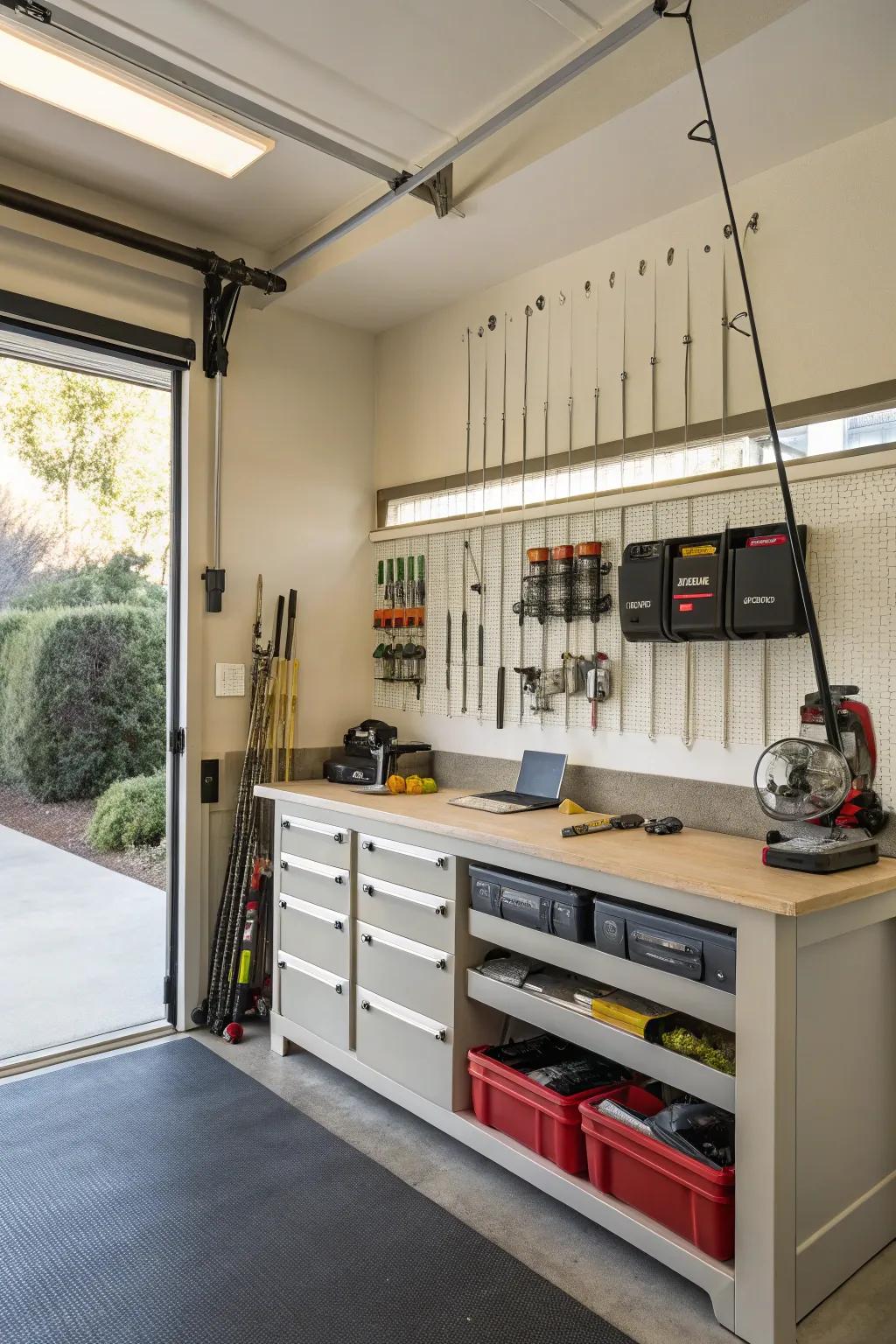 A convertible workbench offers a practical space for fishing projects.