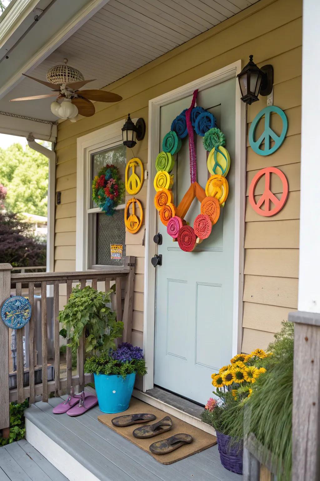 A retro rainbow flip flop wreath, perfect for a nostalgic throwback.