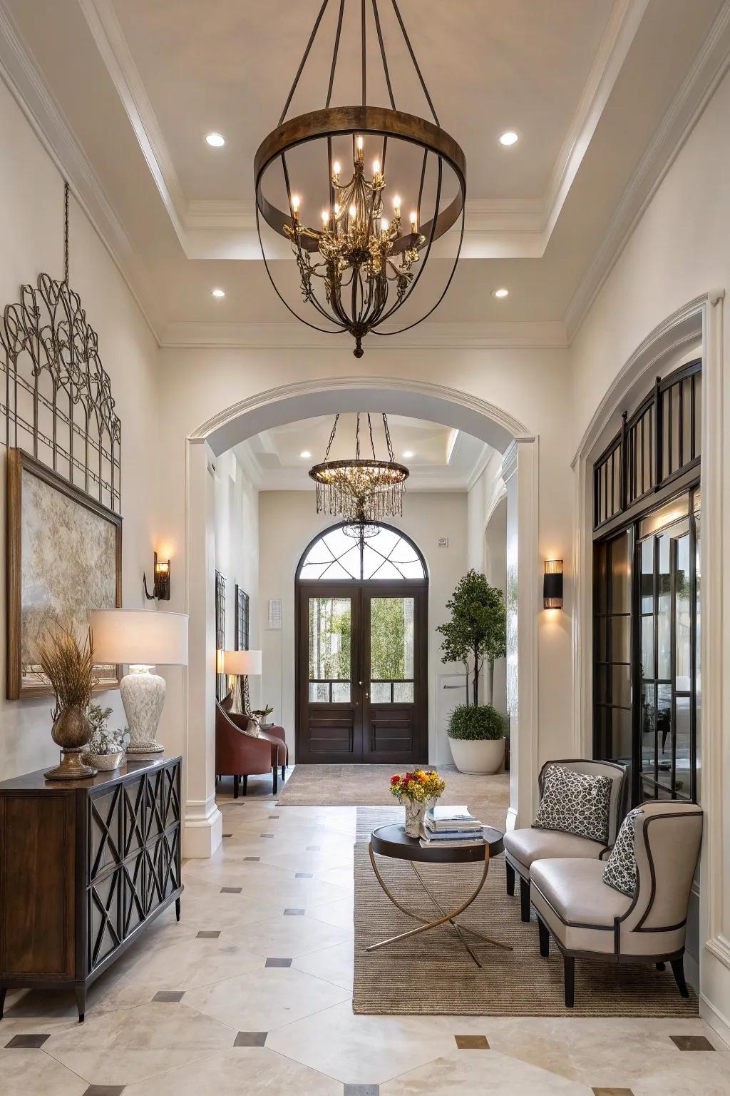 Mixed metals in lighting fixtures add depth and interest to the foyer.