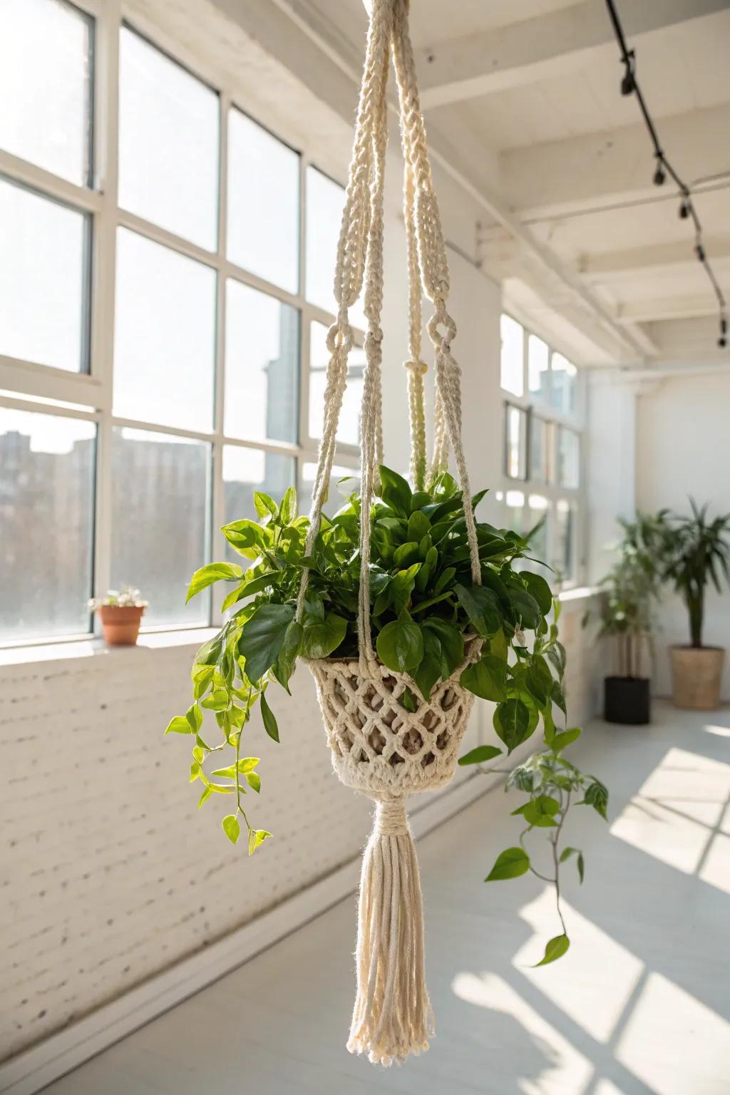 A crochet plant hanger bringing nature indoors.