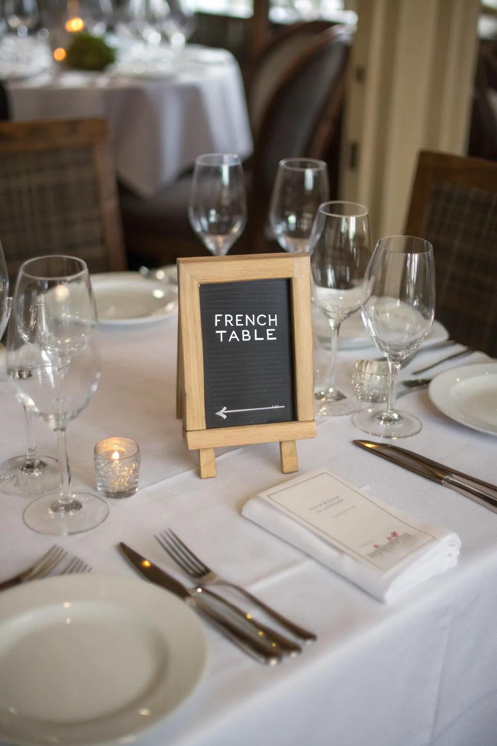 A chalkboard menu adds a personal and rustic touch to this French dining setting.