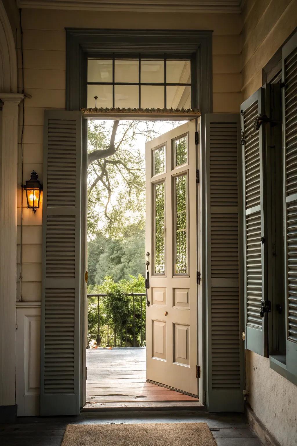 Classic shutters offering timeless elegance and light control at the front door.