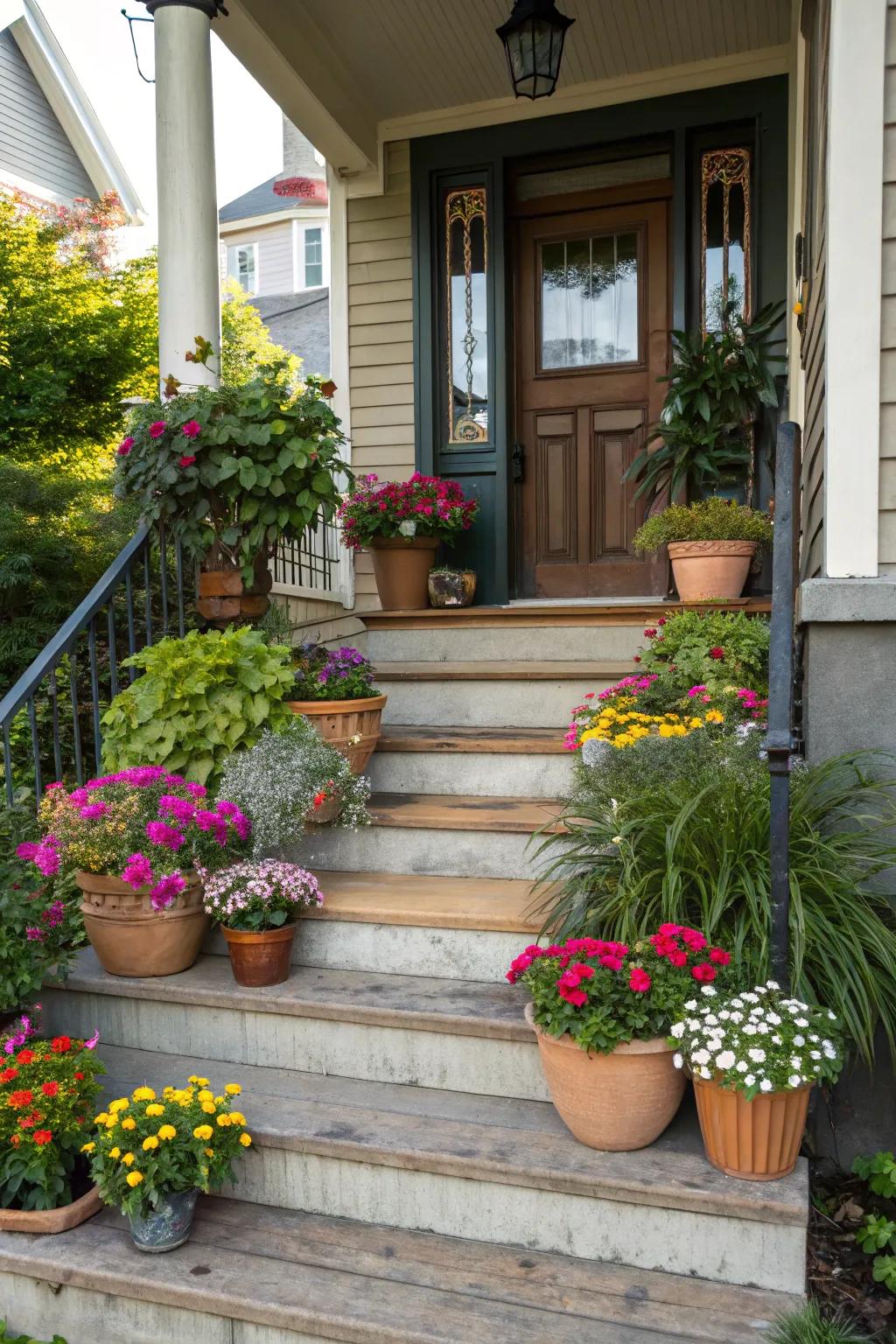 Potted plants create a lush and inviting entrance.