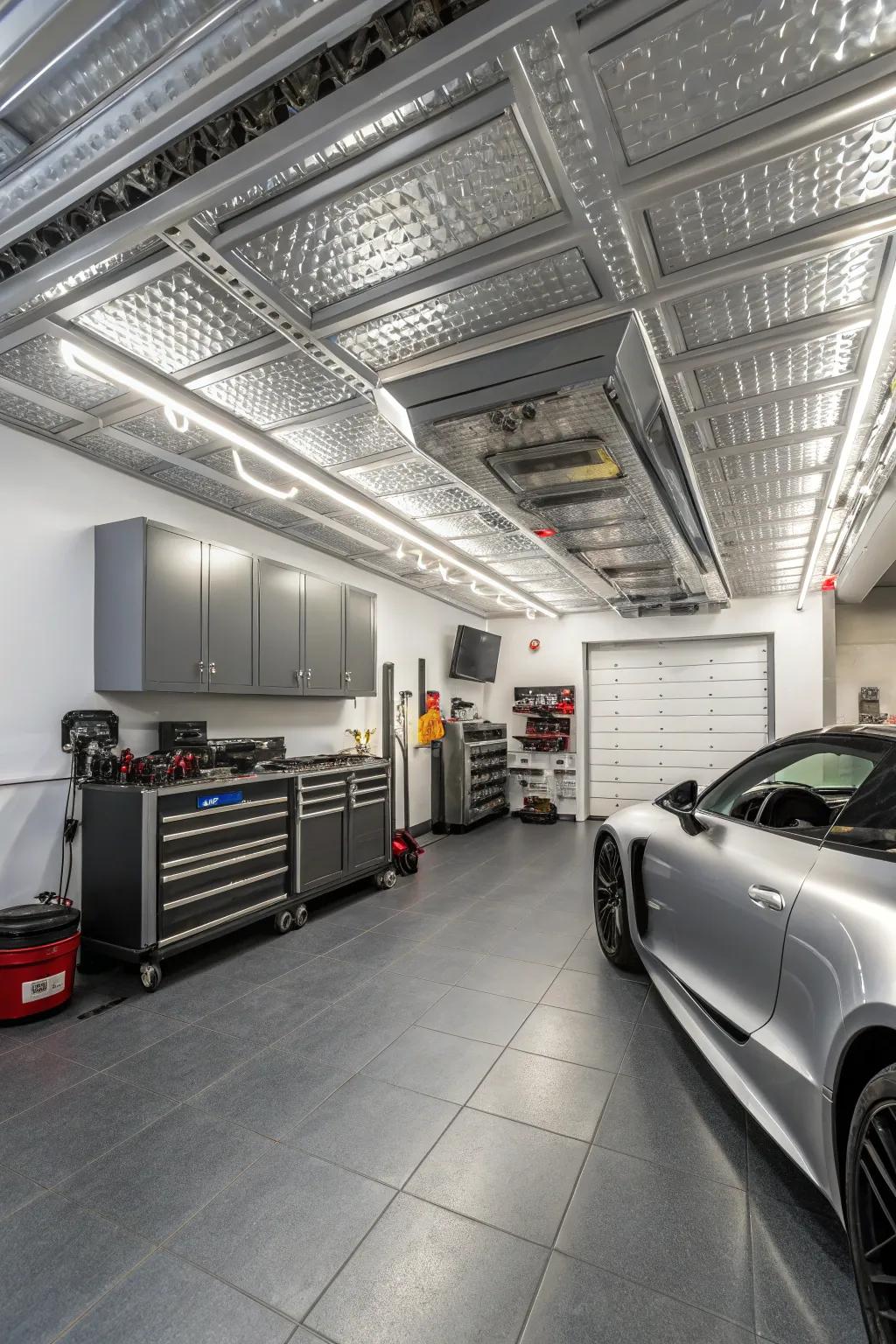 An elegant silver ceiling adds a sleek, modern touch.