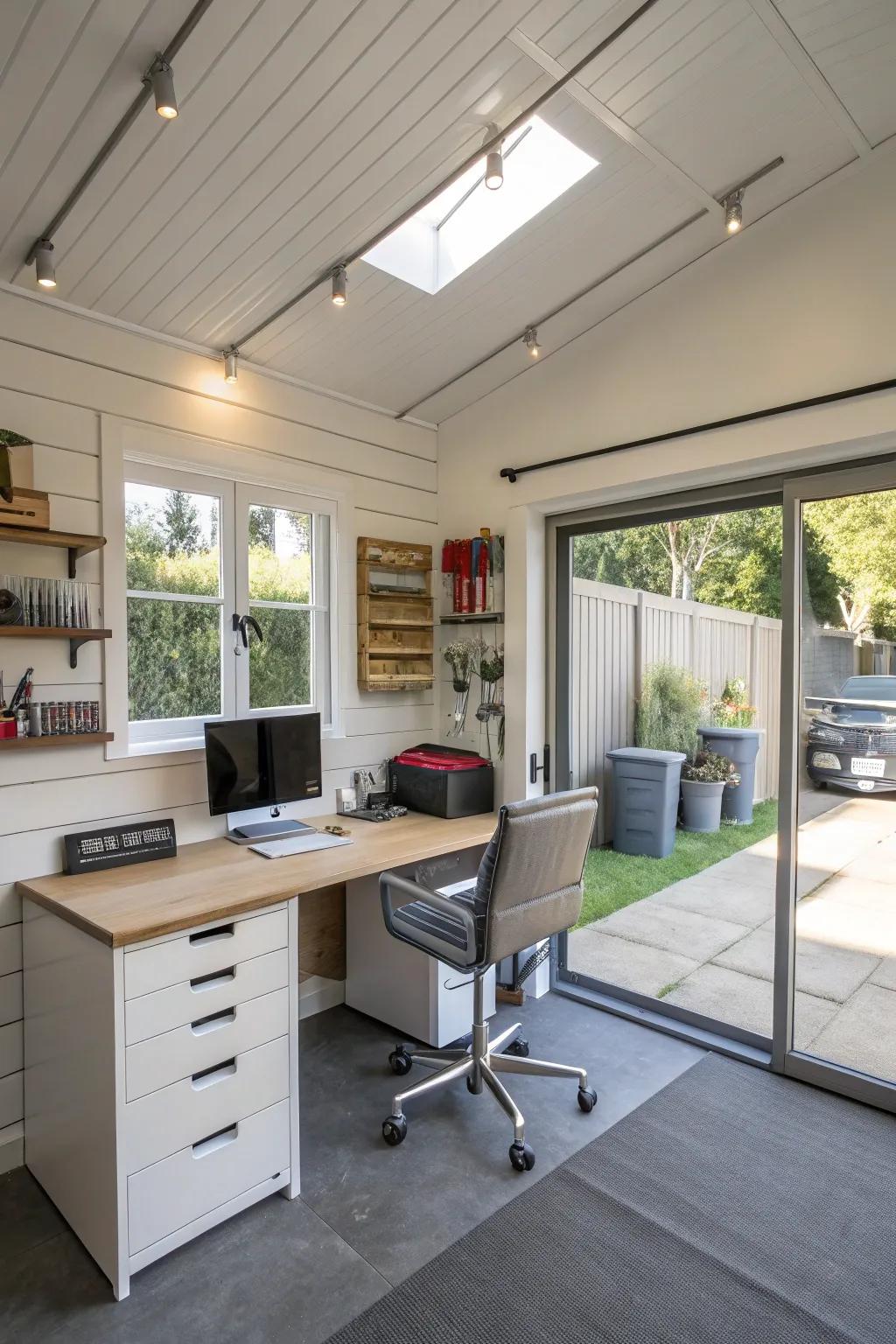 A modular home office offering flexibility in a converted garage.