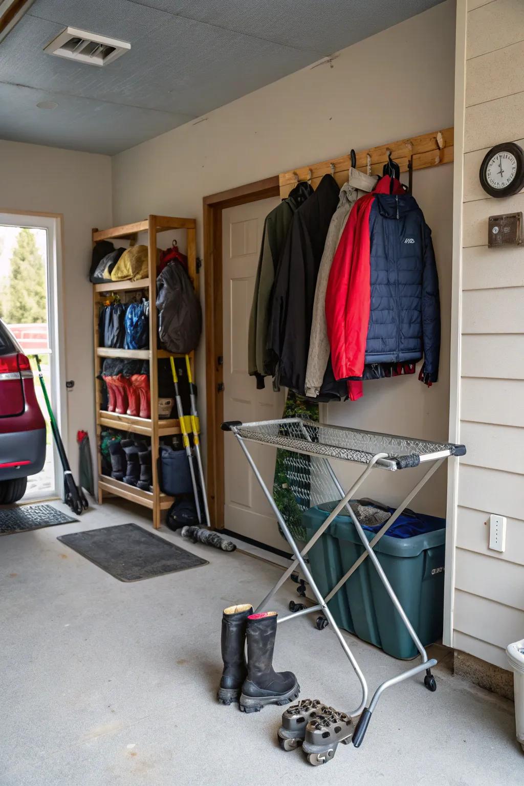 A drying rack in the garage mudroom keeps wet items organized and dry.