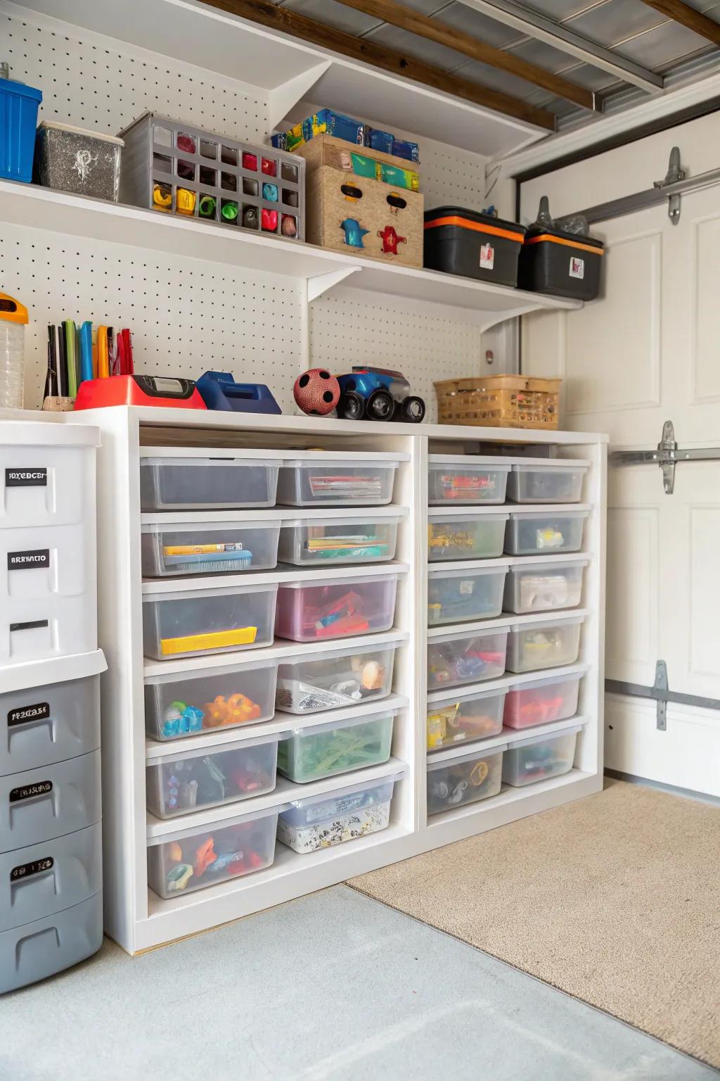 Clear drawers provide organized storage with easy visibility.