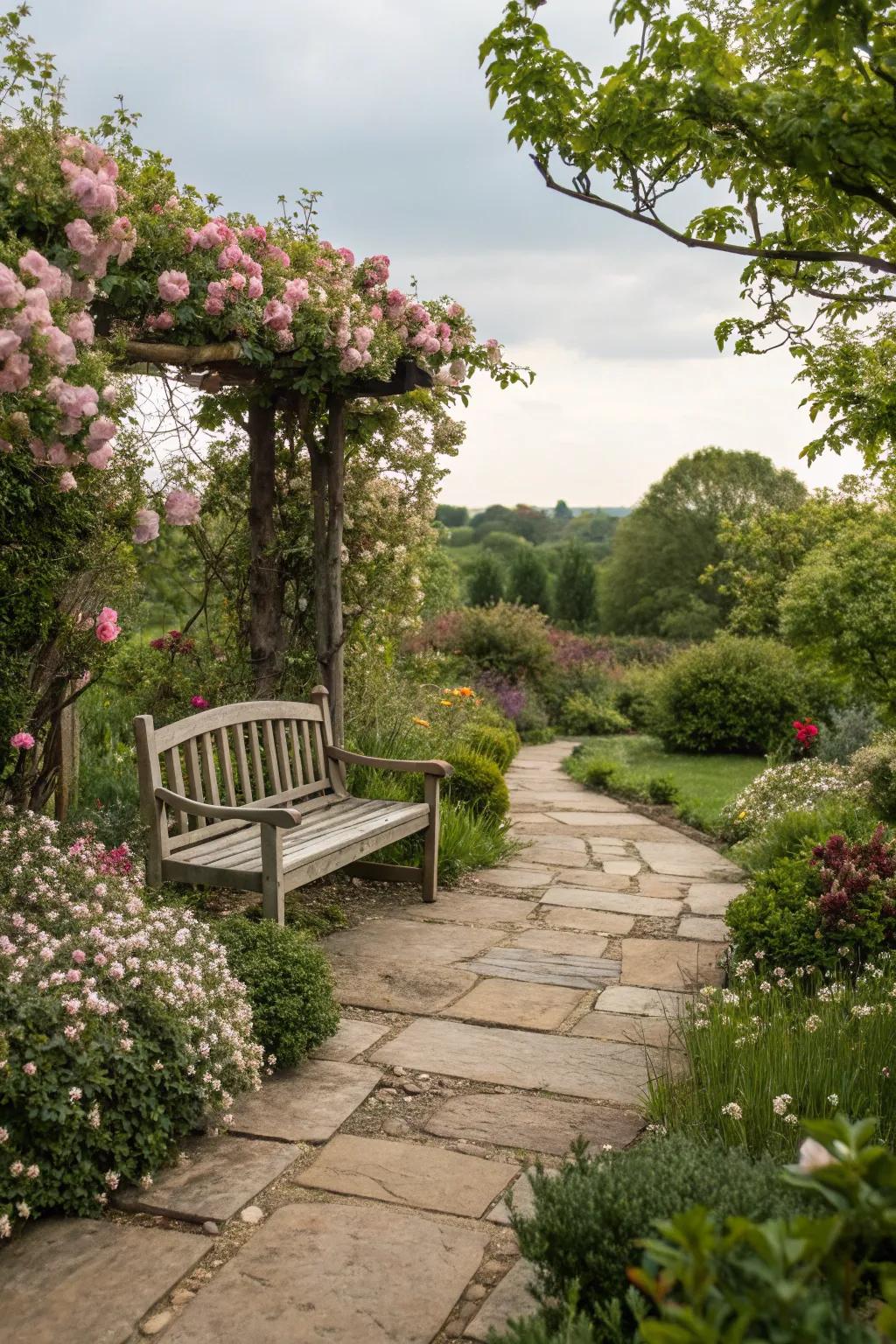 A pathway creates a welcoming entrance to your garden bench.