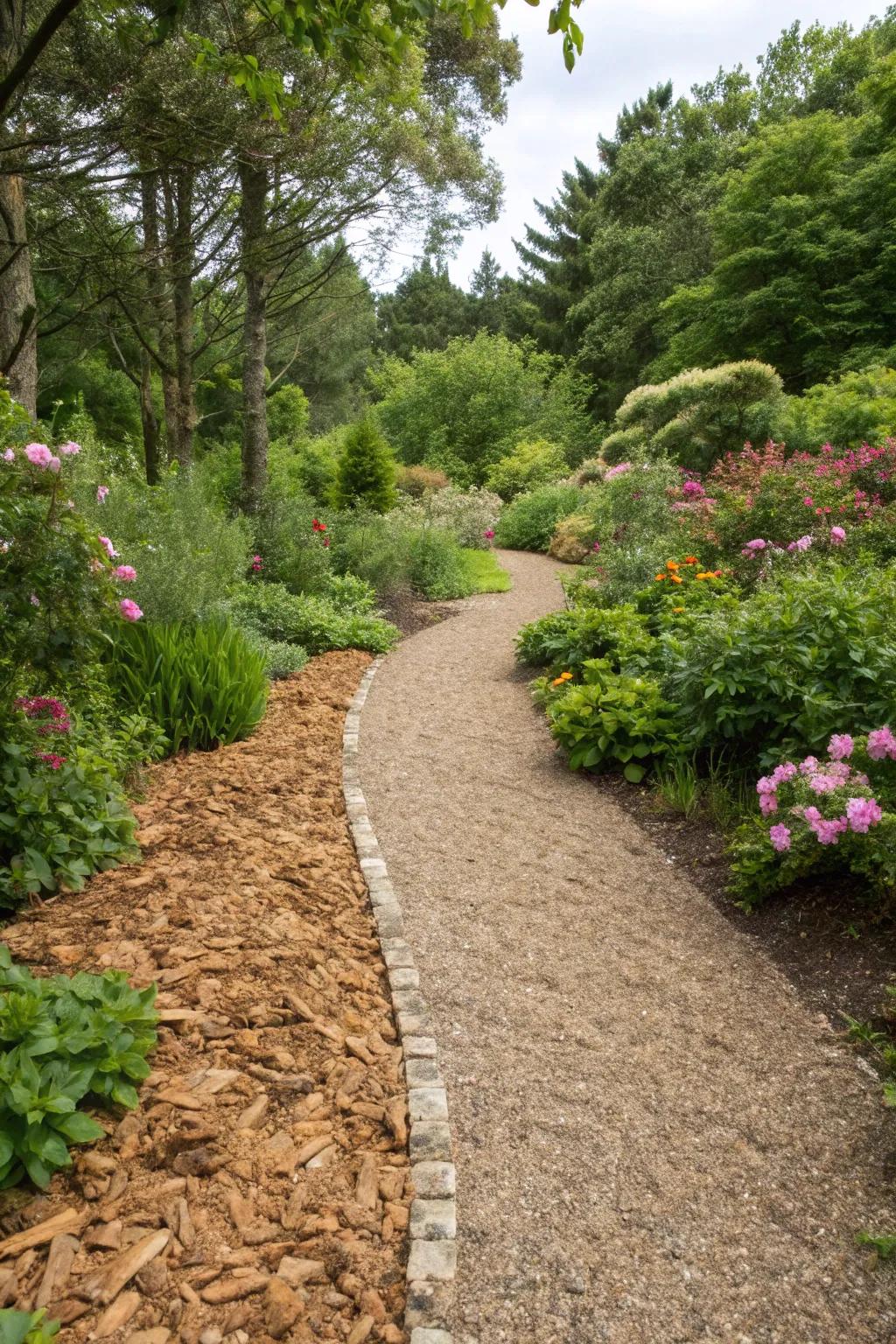 Seamless gravel path bordered with mulch.