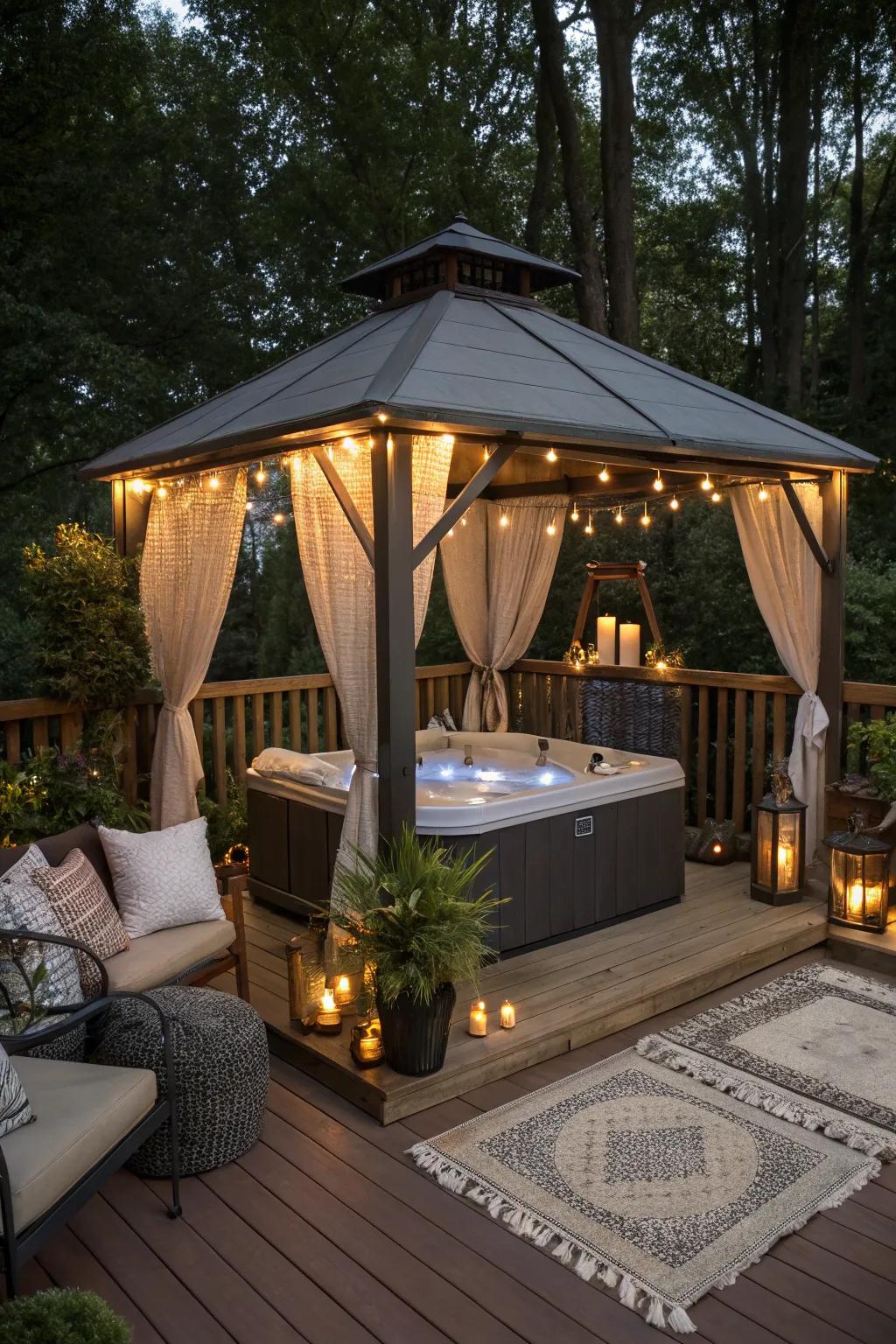 Unwind in a relaxing spa retreat gazebo on your deck.