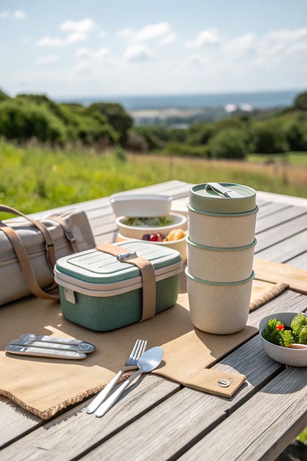 An eco-friendly lunch set promotes sustainability and convenience.