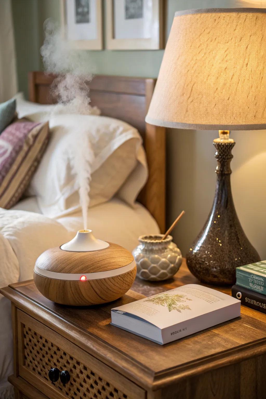 An essential oil diffuser enhances the ambiance with soothing scents.