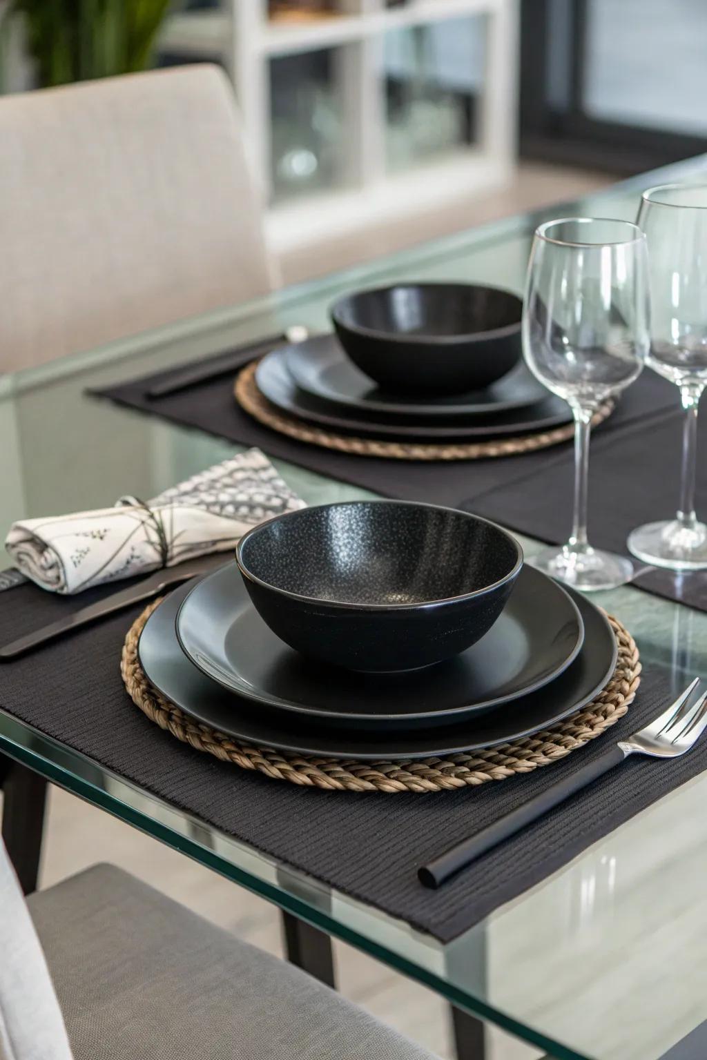 Dark elements adding drama to a glass dining table.