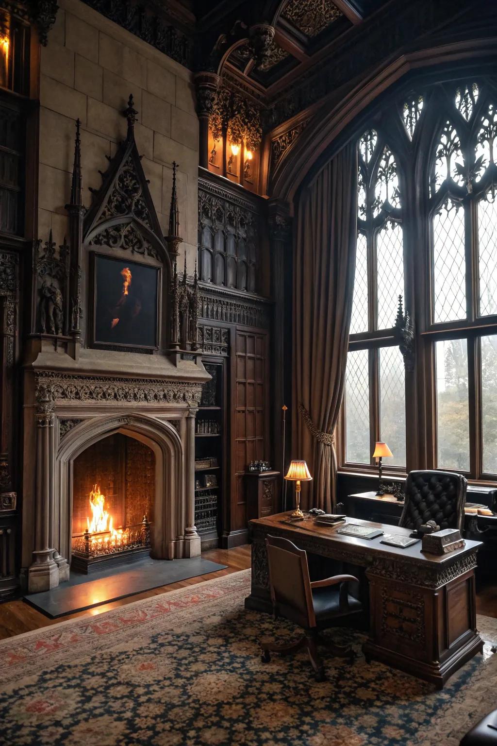 A fireplace adds warmth and serves as a focal point in a Gothic office.