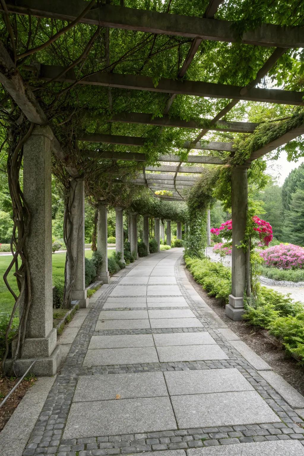 Granite walkway with a leafy trellis.