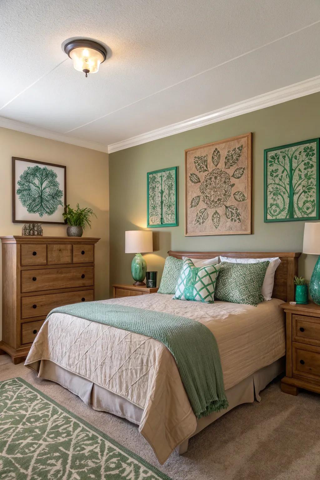 Wall art in tan and green ties the room's colors together beautifully.