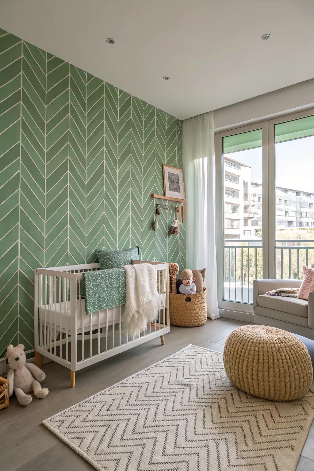 A stylish nursery with a herringbone green accent wall.