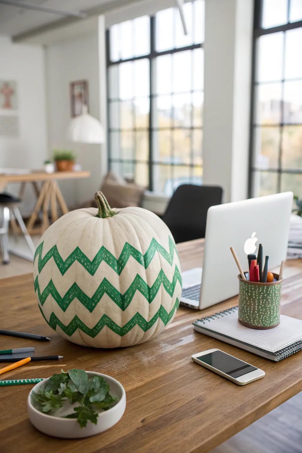 Chic green chevron pumpkin adding style to the home office.