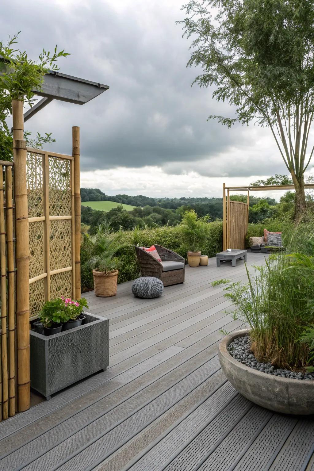 A grey deck transformed into a Zen retreat with bamboo elements.