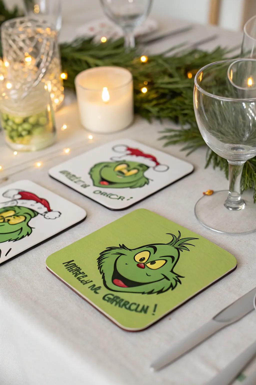 Grinch-themed coasters adding subtle charm to the festive table.